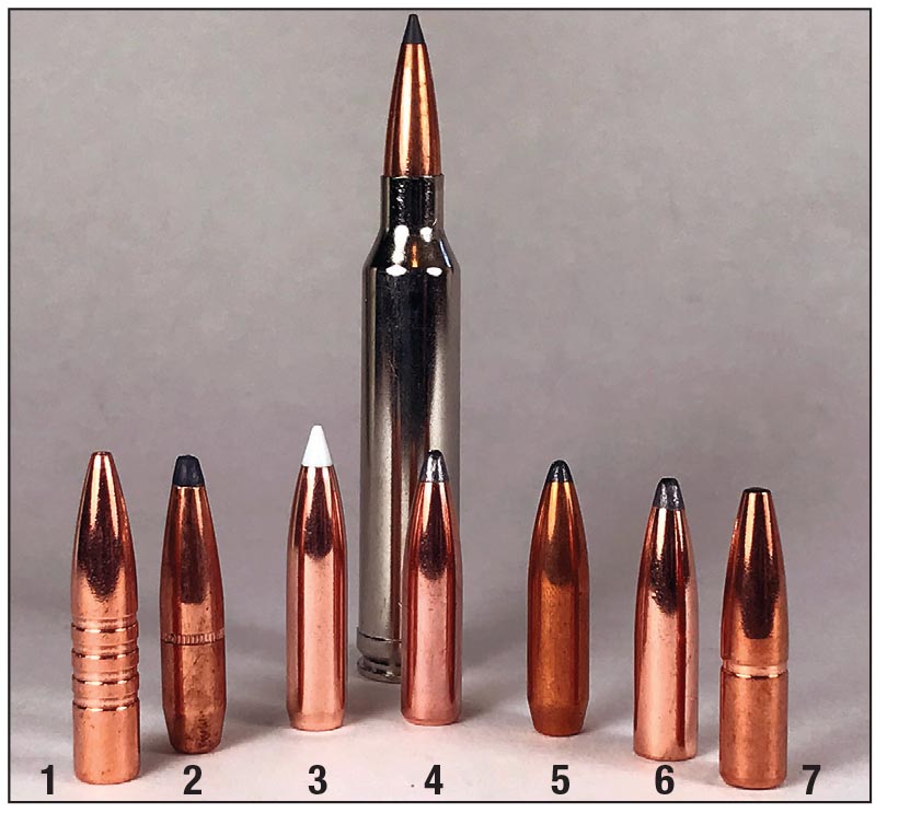 These 7mm 160-grain bullets work well for hunting with a 7mm Remington Magnum. They include a (1) Barnes Triple-Shock, (2) Hornady 162-grain InterLock, (3) Nosler AccuBond, (4) Nosler Partition, (5) Sierra GameKing, (6) Speer Spitzer SP and a (7) Swift A-Frame.
